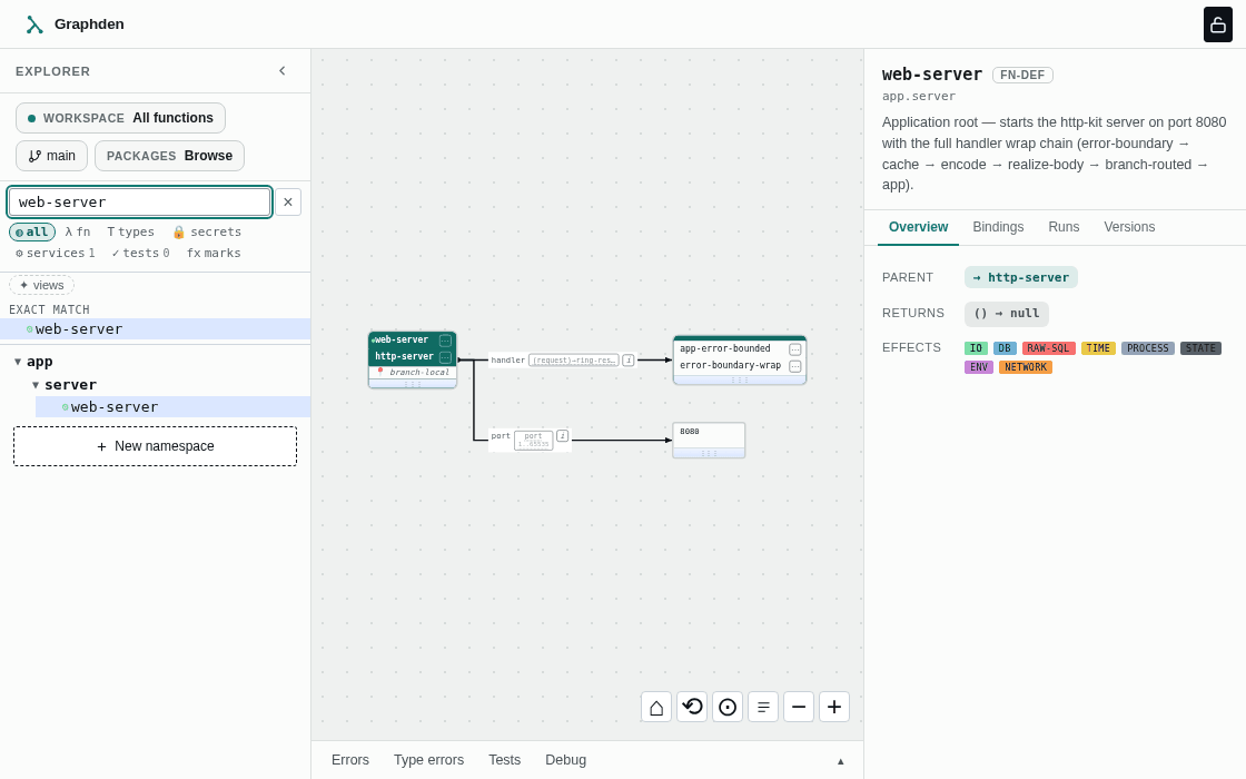 The Graphden editor: selecting web-server, stepping into its error-boundary handler, then the inspector's Bindings and Versions tabs — typed slots, tracked effects, version history
